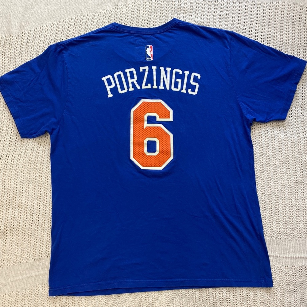 Adidas NBA The go-Tee New York Blue Cotton T-shirt Porzingis 6 Logos Men's Large